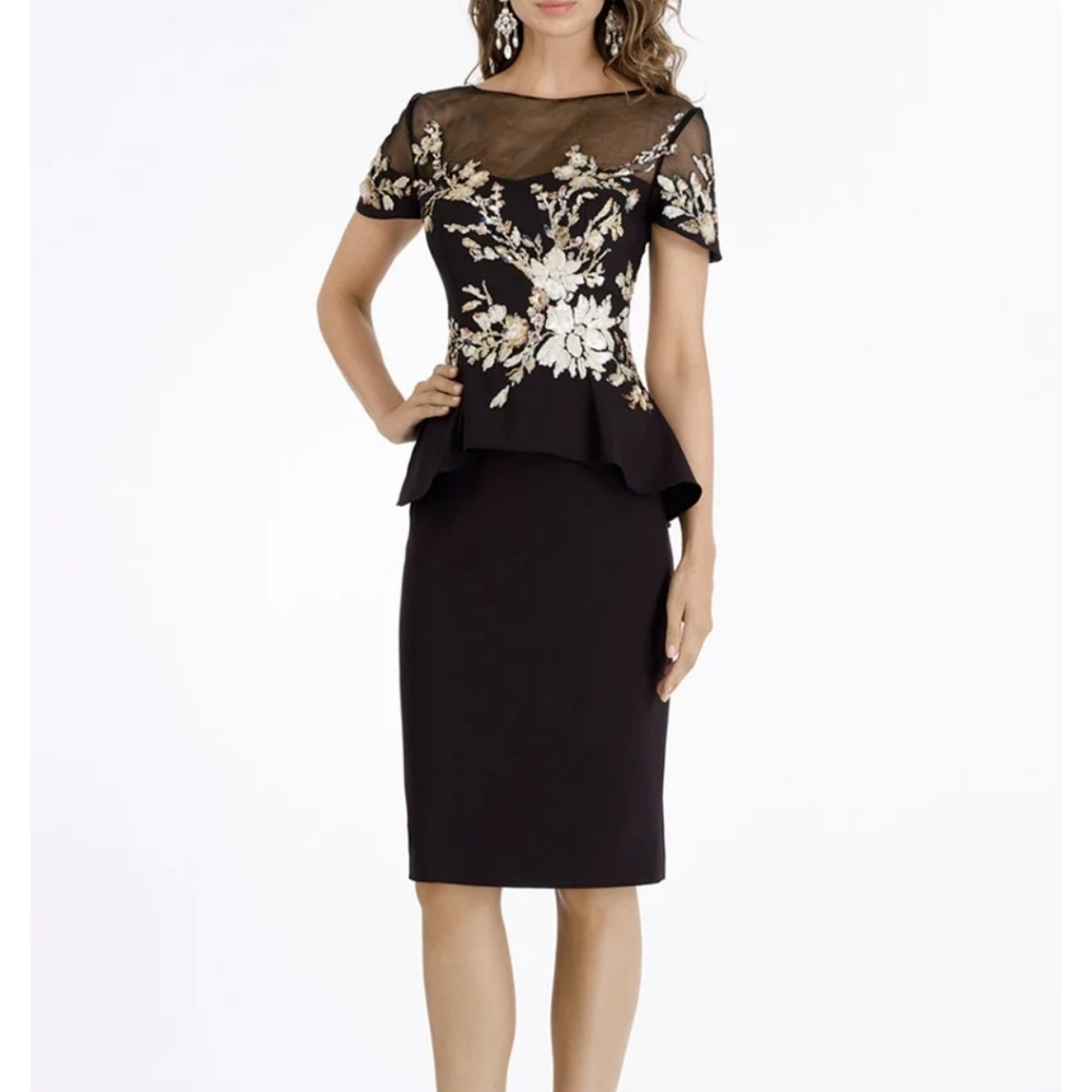 Gia Franco 12917 Dress Black Floral Sequin Peplum Waist Mesh Neckline Size 12